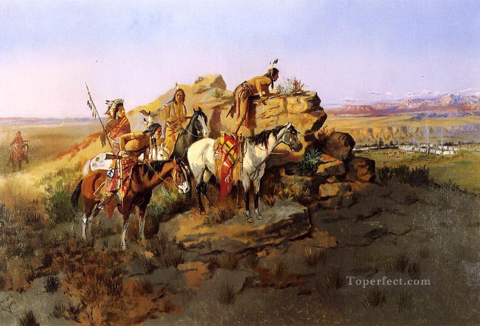 入植者たちを見守る 1895年 チャールズ・マリオン・ラッセル油絵